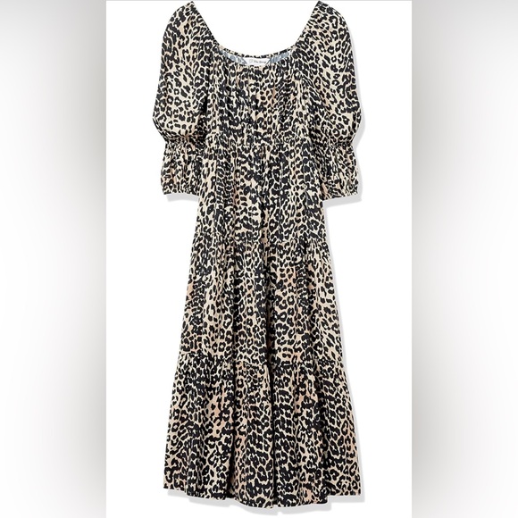Small The Drop Keyla Puff-Sleeve Square-Neck Tiered Midi Dress in Leopard Print - Picture 4 of 9